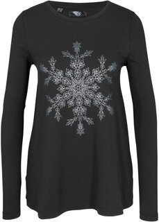 Хлопковая рубашка с длинными рукавами и металлизированным принтом снежинок Bpc Bonprix Collection, черный