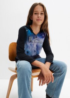 Рубашка для девочек с капюшоном и длинными рукавами с фотопринтом Bpc Bonprix Collection, черный