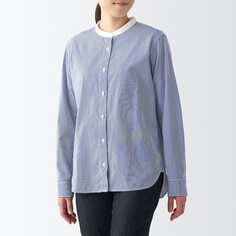 Стираная рубашка с широким воротником-стойкой MUJI, темно-синяя полоса