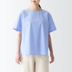 Классная блузка с коротким рукавом MUJI, светло-голубые полосы
