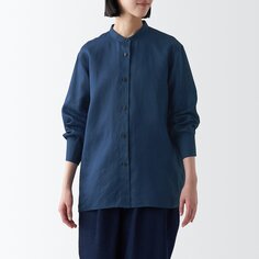 Тонкая блузка из рами в графическом стиле MUJI, темно-синий
