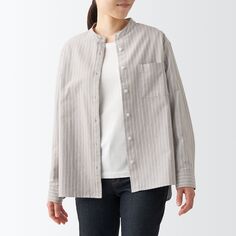Стираная оксфордская рубашка с воротником-стойкой MUJI, серовато-коричневая полоса