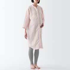Льняная пижама из лиоцелла с короткими рукавами и естественным ощущением прохлады MUJI, розовая полоса