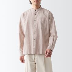 Стираная оксфордская рубашка с воротником-стойкой и длинными рукавами MUJI, темно-бежевые полосы