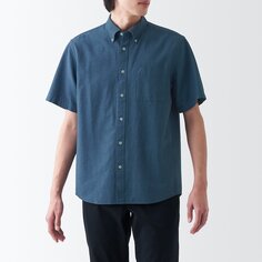 Стираная оксфордская рубашка на пуговицах с короткими рукавами MUJI, дымчато-голубой