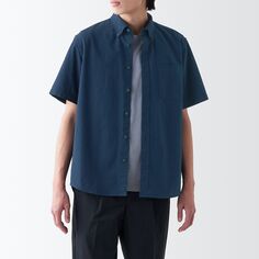 Стираная оксфордская рубашка на пуговицах с короткими рукавами MUJI, темно-синий