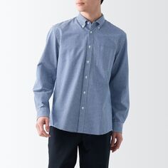 Стираная оксфордская рубашка на пуговицах с длинными рукавами MUJI, темно-синяя клетка