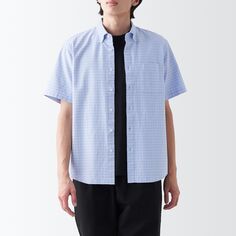 Стираная оксфордская рубашка на пуговицах с короткими рукавами MUJI, саксофон в синюю клетку