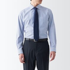 Деловая рубашка с полушироким воротником и длинными рукавами без глажки MUJI, темно-синяя полоса
