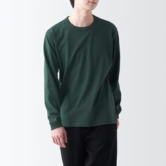 Стираная футболка из плотного материала с круглым вырезом и длинными рукавами MUJI, темно-зеленый