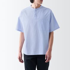 Крутая футболка с короткими рукавами и воротником-хенли из ткани MUJI, небесно-голубые полосы