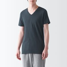 Теплая хлопковая футболка с V-образным вырезом и короткими рукавами MUJI, темно-серый