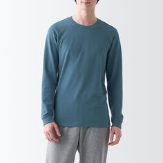Теплая хлопковая футболка с круглым вырезом и длинными рукавами MUJI, дымчато-голубой