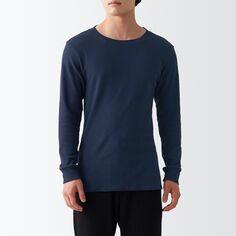 Теплая хлопковая футболка с круглым вырезом и длинными рукавами MUJI, темно-синий