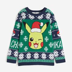 Свитер H&amp;M x Pokémon Jacquard-knit Cotton, зеленый/темно-синий H&M