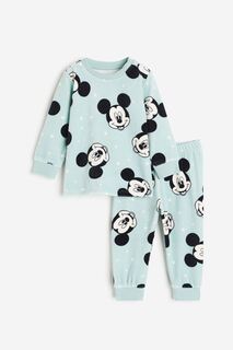 Пижамный комплект H&amp;M Disney Mickey Mouse Patterned Velour, 2 предмета, светло-бирюзовый H&M