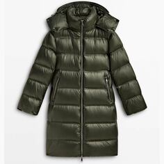 Пуховик Massimo Dutti Long with Down and Feather Filling and Contrast Hood, зеленый