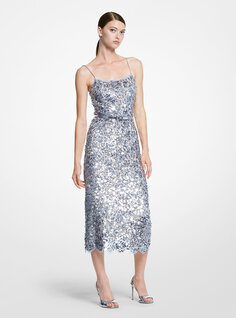 Платье-футляр из кружева с пайетками и цветочной вышивкой вручную Michael Kors, серебряный