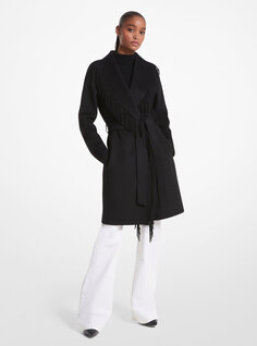 Пальто с поясом и бахромой из смесовой шерсти Michael Kors, черный