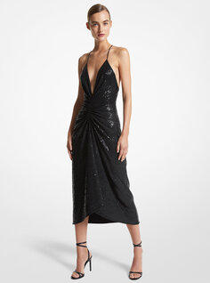 Каскадное платье из эластичного джерси с вышивкой вручную и пайетками Michael Kors, черный