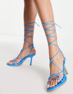 Синие босоножки на каблуке с круглым носком и завязками Topshop Ruby