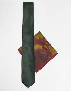 Темно-зеленый узкий галстук и нагрудный платок с абстрактным цветочным принтом ASOS DESIGN