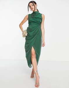Зеленое платье миди с драпировкой и юбкой из фактурной ткани ASOS DESIGN