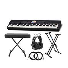 88-клавишное цифровое пианино Casio PX-360BK с регулируемой подставкой для клавиатуры Knox Gear, регулируемой скамьей, закрытыми студийными наушниками и комплектом кабелей 1/4 дюйма TRS