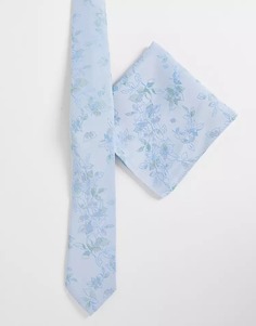 Узкий галстук с цветочным принтом и нагрудным платком ASOS DESIGN, голубой