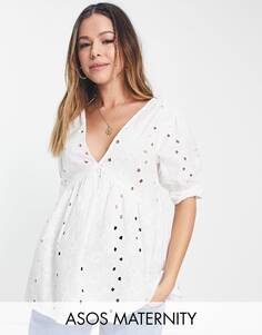 Белый халат с баской и пышными рукавами ASOS DESIGN Maternity Maternity