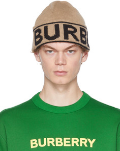 Бежевая шапка-бини из кашемира с логотипом интарсия Burberry