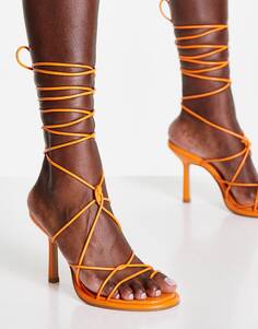 Оранжевые босоножки на каблуке с круглым носком и завязками Topshop Ruby