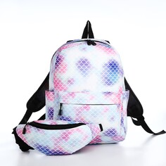 Рюкзак на молнии, наружный карман, 2 боковых кармана, поясная сумка, цвет голубой/белый/розовый NO Brand