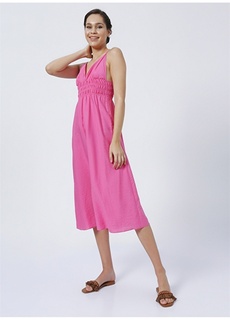 Розовое женское базовое платье миди с v-образным вырезом и бретельками Fabrika ФАБРИКА