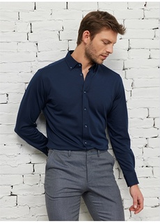Темно-синяя мужская рубашка Comfort Fit с воротником на пуговицах Altınyıldız Classic
