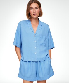 Льняная рубашка с короткими рукавами OYSHO, бледно-голубой