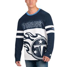 Мужская стартовая темно-синяя/белая футболка Tennessee Titans с длинным рукавом в перерыве между таймами Starter