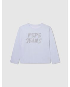 Футболка для девочек с длинными рукавами и логотипом, украшенным стразами Pepe Jeans, белый
