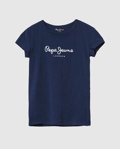 Футболка для девочки с короткими рукавами и блестящим логотипом Pepe Jeans, темно-синий