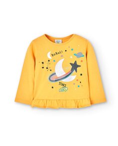 Хлопковая футболка для девочки с круглым вырезом и декоративной рюшей Boboli, желтый