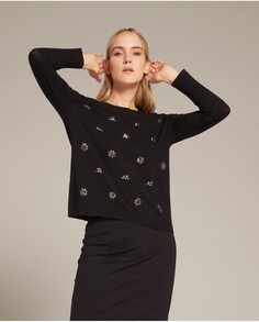 Женский свитер с длинными рукавами и кристаллами, вышитыми вручную Elena Mirò, черный