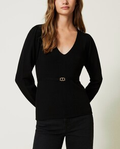 Женский бесшовный свитер овальной формы с поясом Twinset, черный