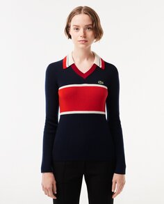 Женский свитер контрастного цвета с воротником-поло французского производства Lacoste, темно-синий