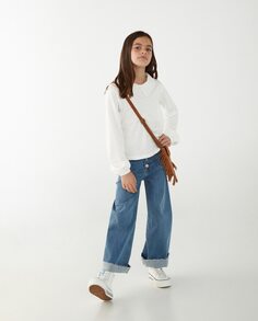 Однотонная футболка с плоским воротником и длинными рукавами для девочки с вышивкой El Corte Inglés, белый