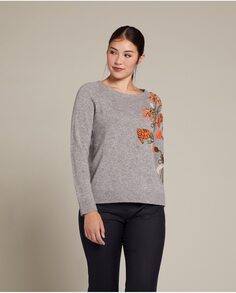 Женский свитер с вырезом лодочкой и цветочной вышивкой Elena Mirò, серый