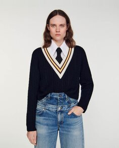 Женский контрастный свитер с V-образным вырезом Sandro, черный