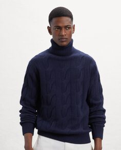 Мужской вязаный свитер с высоким воротником, эластичными трикотажными манжетами и нижним краем Ecoalf, темно-синий
