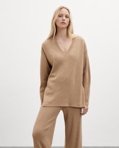 Женский свитер с разрезами по бокам и V-образным вырезом Ecoalf, коричневый