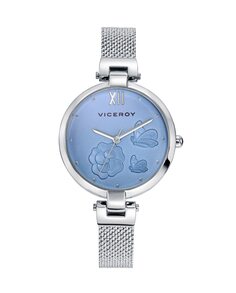 Женские стальные часы Kiss с голубым циферблатом и фактурной сеткой Viceroy, серебро