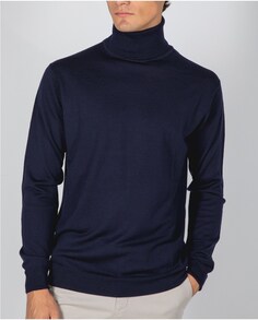 Мужской свитер из 100% тонкой шерсти мериноса темно-синего цвета с высоким воротником Wickett Jones, темно-синий